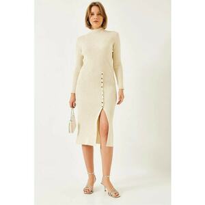 Rochie midi - tricotata - guler inalt - bej - tricot - imagine