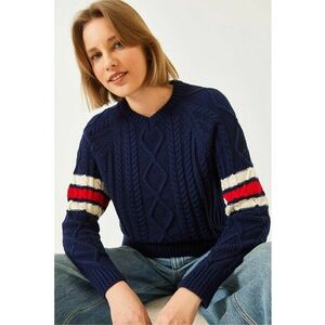 Pulover tricotat - model cu decolteu in V - bleumarin - tricot - imagine