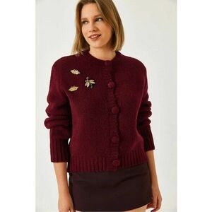 Cardigan - texturat tricotat cu pompon - visiniu - tricot - imagine