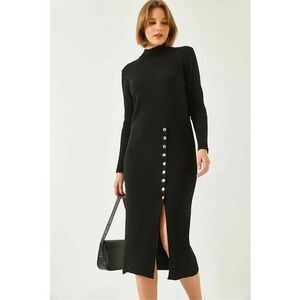 Rochie midi - tricotata - guler inalt - negru - imagine