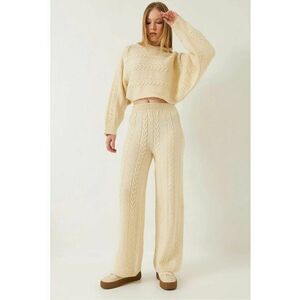 Set asortat - pulover texturat scurt si pantaloni lati - bej - tricot - imagine