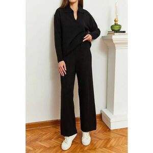 Costum dama - set asortat - tricotat - decolteu in V - negru - imagine