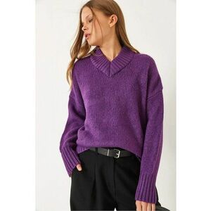 Pulover dama Relaxed Fit - decolteu in V - nervuri - mov - tricot - imagine