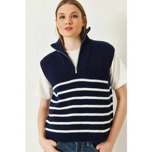 Pulover tricotat cu dungi guler cu fermoar - bleumarin - tricot - imagine