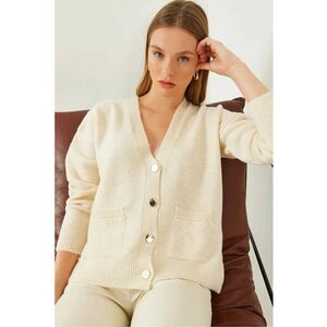 Pulover dama - cardigan Jacquard - decolteu in V - nasturi - bej - tricot - imagine