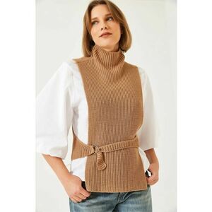 Bluza dama - cu guler inalt - tricot - alb/maro - imagine