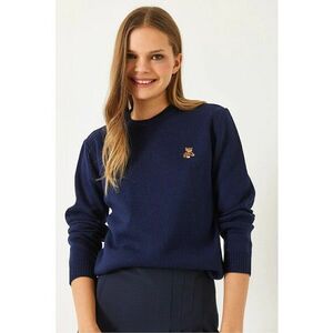 Pulover dama - guler rotund brodat - bleumarin - tricot - imagine