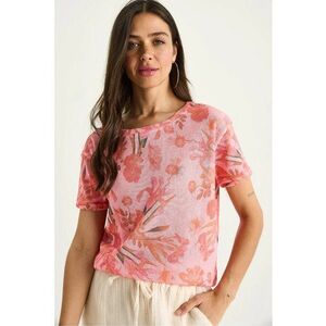 Tricou dama decolteu rotund - imprimeu floral - bumbac/lycra - roz aprins imagine