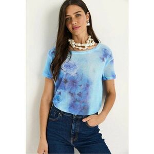 Tricou dama decolteu rotund - imprimeu floral - bumbac/lycra - albastru imagine