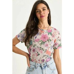 Tricou dama decolteu rotund - imprimeu floral - bumbac/lycra - multicolor - imagine