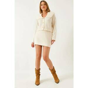 Rochie Set Coordonat tricot - guler sal cu nasturi - alb - tricot - imagine