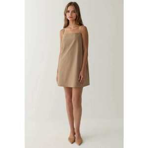 Rochie mini - guler patrat - buzunare - bej - textil imagine