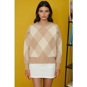 Pulover dama guler rotund - model in romburi - tricot - Roz pal - imagine