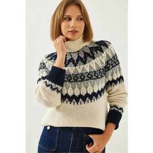 Pulover tricotat - jacquard - guler inalt - bej - amestec acrilic-poliester - imagine