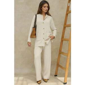 Set coordonat tricotat - cardigan cu guler rotund - pantaloni cu croi larg - bej - tricot imagine