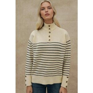 Pulover tricotat - guler cu nasturi - tricot - Bej Natural - imagine