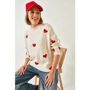 Pulover tricotat - guler rotund - model cu inima - alb - tricot - imagine