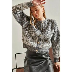 Pulover dama - cardigan texturizat crop - gri inchis - tricot - imagine