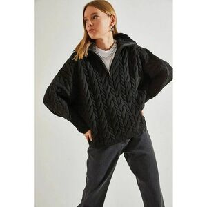 Pulover dama - tricotat texturat supradimensionat - guler cu fermoar - negru - acril si lana - imagine