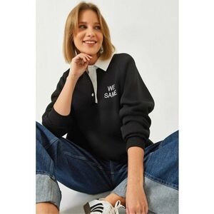 Hanorac dama - cu maneca lunga - guler polo brodat - negru - bumbac imagine