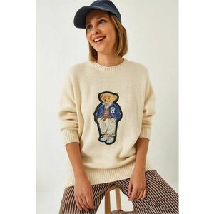 Pulover dama - guler rotund supradimensionat - broderie - bej - tricot - imagine