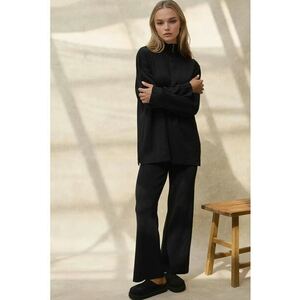 Set coordonat tricotat - talie inalta - guler cu fermoar - negru - tricot - imagine