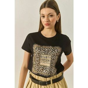 Tricou dama - imprimeu leopard - bumbac/elastan - negru/bej - imagine