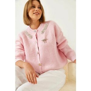 Pulover dama - cardigan cu guler rotund - maneca lunga - roz - acril-polester - imagine