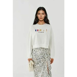 Hanorac dama guler rotund - brodat - alb - textil imagine