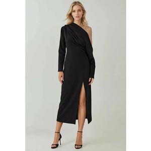 Rochie midi - mulata - guler asimetric - crapatura - jerseu - Negru imagine