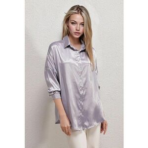 Camasa supradimensionata - BigDart - satin - cu inchidere cu nasturi - Liliac Violet - imagine