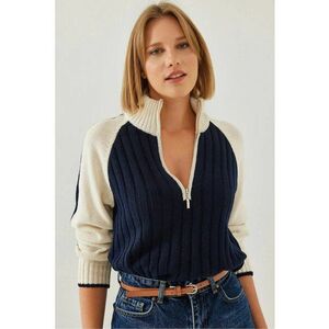 Pulover dama - acrilic texturat - guler cu fermoar - bleumarin - tricot - imagine