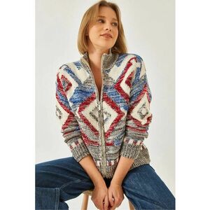 Pulover dama - cardigan cu guler cu fermoar - model geometric - tricot - Multicolor - imagine