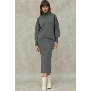 Set tricotat pulover cu guler inalt si fusta midi - tricot - Gri - imagine