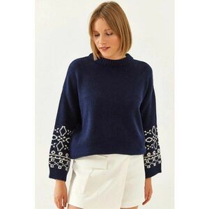 Pulover tricotat jacquard - guler rotund - broderie - bleumarin - tricot - imagine