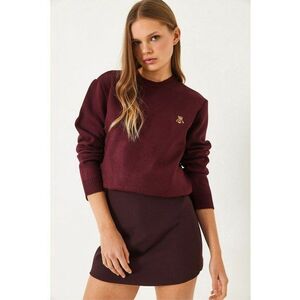 Pulover dama - guler rotund brodat - tricot/acril - visiniu - imagine