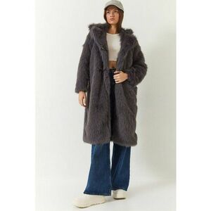 Palton lung dama - blana artificiala - gri inchis imagine