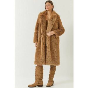 Palton lung dama - blana artificiala - maro cognac imagine