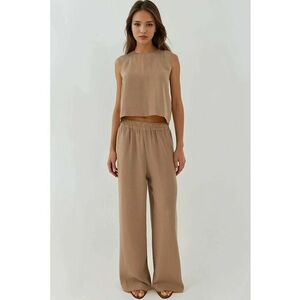 Costum dama - set coordonat - bluza cu guler rotund si pantaloni largi - bej - poliester imagine