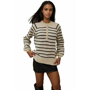 Pulover dama cu guler cu nasturi - model cu dungi - tricot - Negru - imagine
