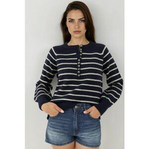 Pulover dama cu guler cu nasturi - model cu dungi - tricot - Albastru de miezul noptii - imagine