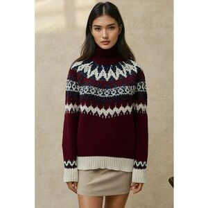 Pulover dama - cu guler inalt - tricot - Rosu Burgund - imagine