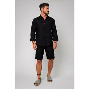 Set Lino din In 100% camasa si pantalon scurt Black 13348 - Negru imagine