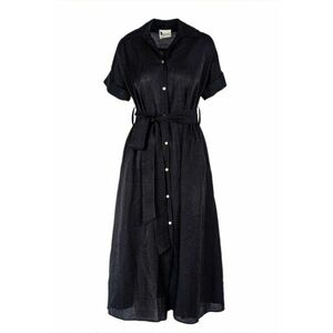 Rochie camasa midi cu buzunare si cordon - Negru imagine