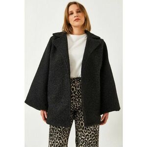 Palton dama texturat din fetru cu guler sal - negru - material textil - imagine
