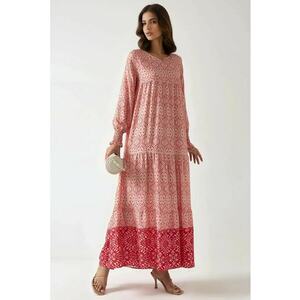 Rochie maxi viscoza - guler rotund - roz - maneci lungi imagine