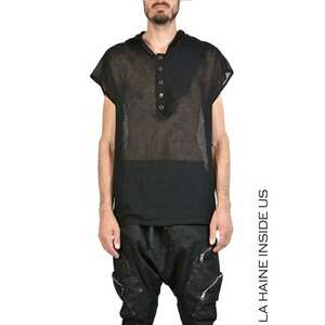 Tricou de vară ușor transparent asimetric fără mâneci - Negru imagine