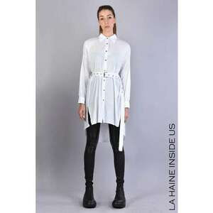 Cămașă largă - lungă tip rochie cu cordon în talie - Alb imagine