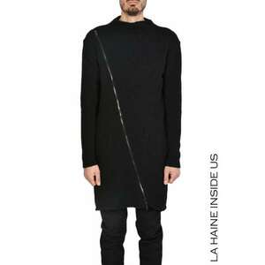 Pulover supradimensionat lung - tricotat cu închidere prin fermoar pe diagonală - Negru imagine