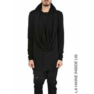 Pulover lung asimetric cu guler supradimensionat tip eșarfă - Negru imagine